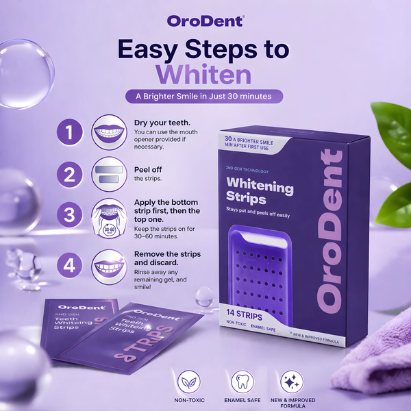 OroDent Whitening Strips product display on a light purple background, showing the retail box, several individual strips, step-by-step usage instructions with numbered icons, and decorative bubbles and a soft purple cloth.
