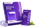 OroDent Whitening Strips packaging shown with a purple retail box, a single foil packet labeled 2 STRIPS, ice cubes, and mint leaves on a clean white background.