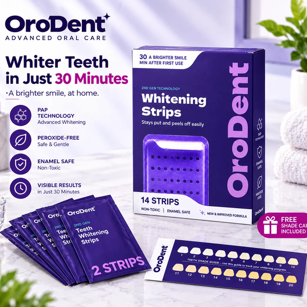 OroDent PAP teeth whitening strips box — peroxide-free at-home whitening kit