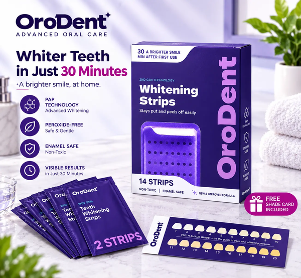 OroDent PAP teeth whitening strips box — peroxide-free at-home whitening kit